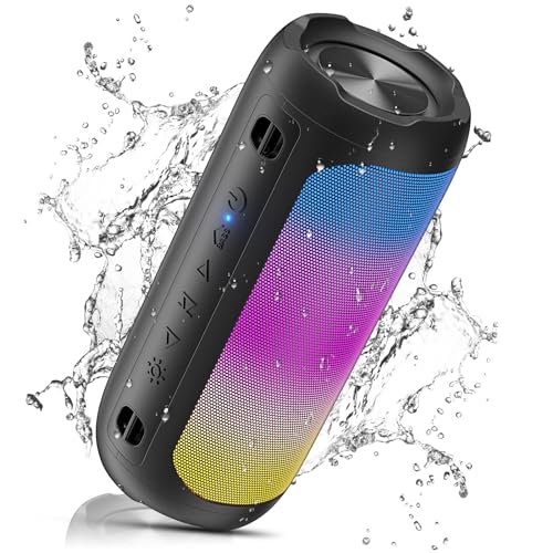VOSFEEL Altifalante Bluetooth potente, altifalante portátil sem fios com luzes, até 30 h de reprodução, IPX7 impermeável, som estéreo, com microfone, suporte para cartão TF e AUX
