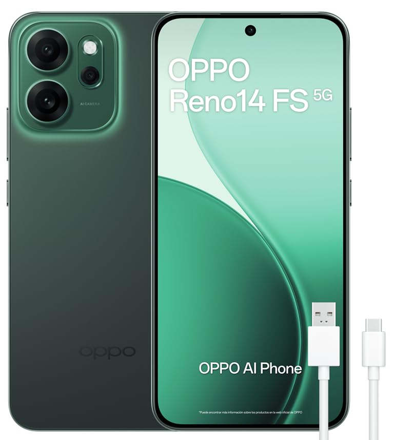 OPPO Reno14 FS 5G, Smartphone livre com IA, 12 GB RAM + 512 GB, câmara tripla 50 MP, bateria 6000 mAh, carregamento rápido 45 W, ecrã AMOLED 120 Hz, IP69, Dual SIM, Android, versão Espanha Anola