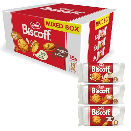 Lotus Biscoff Pacote variado de bolachas sanduíche | 3 sabores: Creme de baunilha, creme Lotus Biscoff e creme de chocolate, 5 bolachas sanduíche por embalagem | sem corantes | 16 x 50 g | 800 g