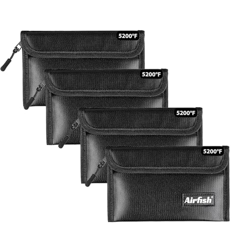 Airfish 4 peças bolsas de dinheiro ignífugo, carteira ignífuga de 12,7 x 20 cm, bolsa de dinheiro impermeável com fecho de correr, pequena bolsa de dinheiro ignífuga para objetos de valor - preto
