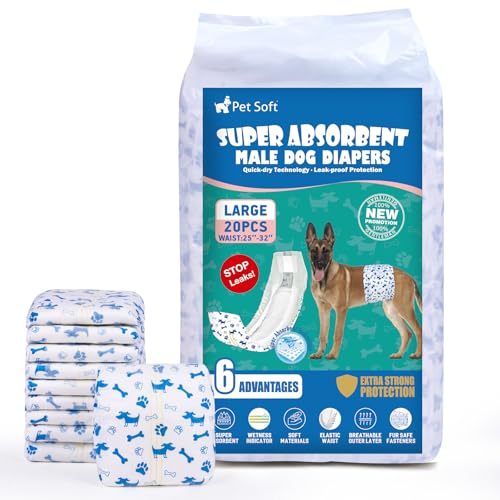Pet Soft Fraldas descartáveis para cães, 20 unidades, para cães macho, altamente absorventes, com indicador de humidade e à prova de fugas (L - 20 unidades)