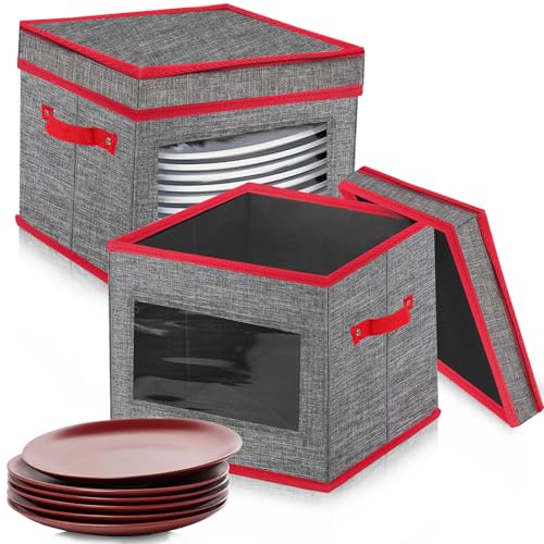 Caixa de armazenamento dobrável de feltro para pratos de Natal, 30,5 x 30,5 x 20 cm, caixa de armazenamento móvel com tampa, alças com 24 separadores de feltro para autocaravanas e festas (cinzento)