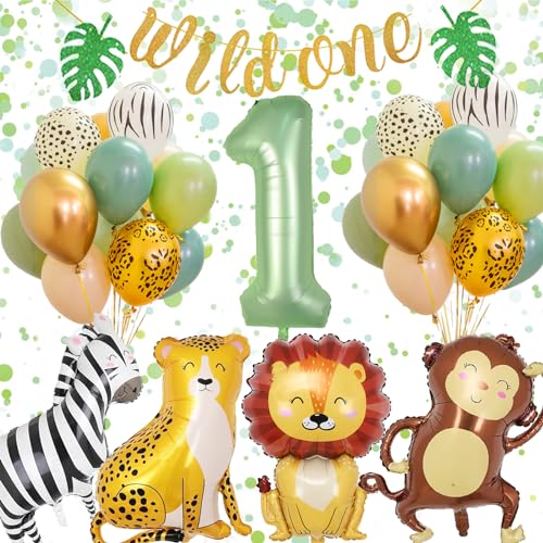 Wild One Decoração de aniversário 1 ano, balões de aniversário 1 ano para menina, balões de animais da selva, balões de safari para festa de anos 1 ano menina e criança.