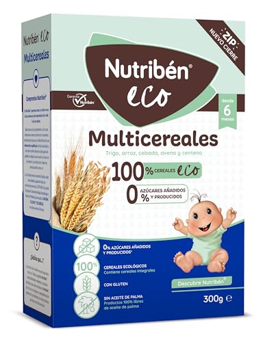 Nutribén EcoPapilla Multicereais | Alimento para bebés a partir dos 6 meses, 0% açúcares adicionais, cereais ecológicos, trigo, arroz, aveia, cevada e centeio, sem óleo de palma, 300 g