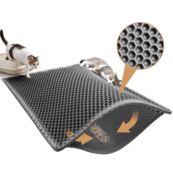 Pieviev Tapete gatos areia grande: 89 × 61 cm tapete de areia de camada dupla, tapete impermeável para gatos EVA, design de favo - cinzento