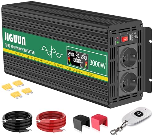 JIGUUN 3000 W Inversor 24 V 220 V conversor de onda pura com 2 entradas UE e um USB, controlo remoto sem fios e indicador LCD, potência máxima de 6000 W para RV, viagens, emergências