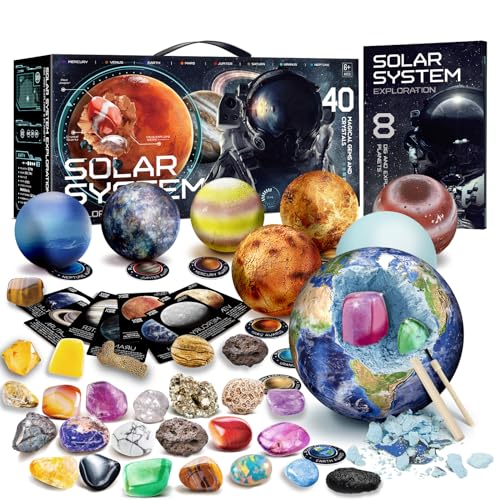 EDUMAN Kit de escavação de pedras preciosas: desenterra 40 pedras preciosas e cristais reais com ferramentas de mineração, sistemas solares de oito planetas para crianças dos 6 aos 8 anos, brinquedos