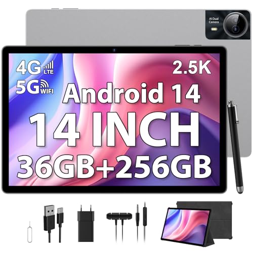 PIXPEAK 2,5 K Tablet de 14 polegadas, 4 G Lte/5G WiFi, INELL 2240 x 1400 FHD, 11580 mAh, 36 GB RAM, 256 GB ROM (Extensão 2 TB), Android 14,0, Octa-Core, 13 MP+8 MP, tablet com C. ustodia/g PS/Bluet