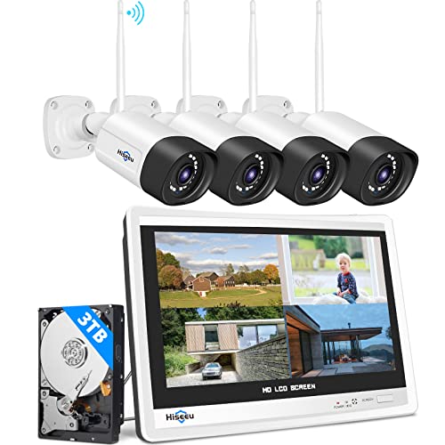 5 MP + 3 TB: Hiseeu 5 MP Kit câmaras de vigilância Wi-Fi, sistema câmara de segurança sem fios com monitor LCD, 4 x 5 MP, câmara de segurança IP, deteção de movimento, visão noturna, áudio