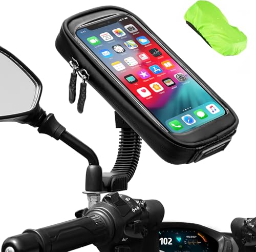 ENONEO Suporte móvel para mota impermeável 360 ° rotação suporte telemóvel motocicleta com cobertura de chuva capa suporte Smartphone Moto retrovisor para telemóvel até 16,7 cm (preto 1)