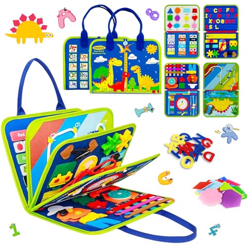 Beibeijia Livro Montessori Busy Board para crianças, 12 3 4 anos, busy board montessori de feltro, feltro painel sensorial Montessori, busy Book com fecho de correr/botões (aventura de dinossauros)