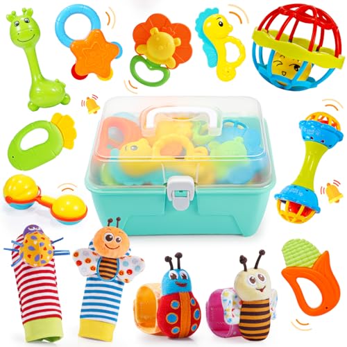 14 peças chocalhos bebés 0-12 meses com caixa de armazenamento, brinquedos bebés 0-12 meses sensoriais brinquedos para a dentição presente bebé recém-nascido 0-12 meses crianças montessori bebé 0-6-12