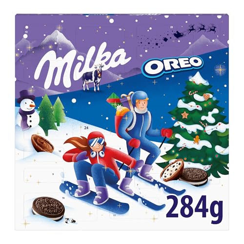 Milka Oreo calendário de advento chocolate com leite dos alpes e bolachas de cacau, edição especial de Natal - 284 g
