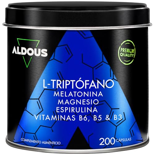 200 cápsulas triptofano com melatonina e magnésio vitamina B6, B5, B3 espirulina - máxima dose sono - 1,78 mg de melatonina com magnésio, 600 mg de triptófano para dormir bem - ALDODO. EUA