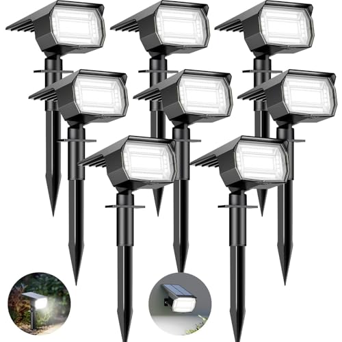 btfarm Luzes solares LED exterior jardim [8 embalagem / 72 LED], holofotes LED exteriores solares poderosos à prova de água IP65 candeeiro luz solar exterior iluminação para chão exterior, branco frio