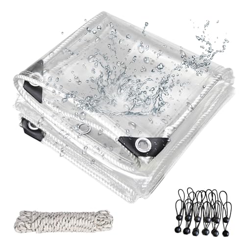 Lona transparente com ilhós para exteriores, OKYUK Lona transparente de PVC de 420 g/m², com 20 flanges, 12 bandas de borracha com bolas, 10 m de corda de fixação adequada para pavilhões, terraços, 2