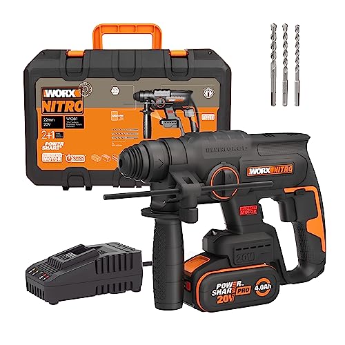 WORX Martelo leve bateria 20 V máximo | WX381 | Motor sem escovas | SDS-Plus, broca, percutor e demolição, 2J de impacto, bateria 4 Ah e pasta, anti-vibração e alto desempenho