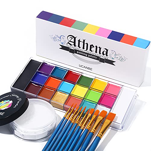 UCANBE Tinta facial 20 cores com 10 pincéis e pó - pinturas caras seguras, profissional, impermeável, durável - pintura corporal maquilhagem de Halloween, carnaval, Belly Painting
