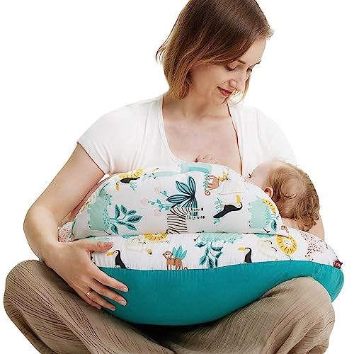 momcozy Almofada de amamentação com borda de segurança: almofada ergonómica de amamentação e amamentação com alça ajustável e fronha de algodão removível, animal e floresta