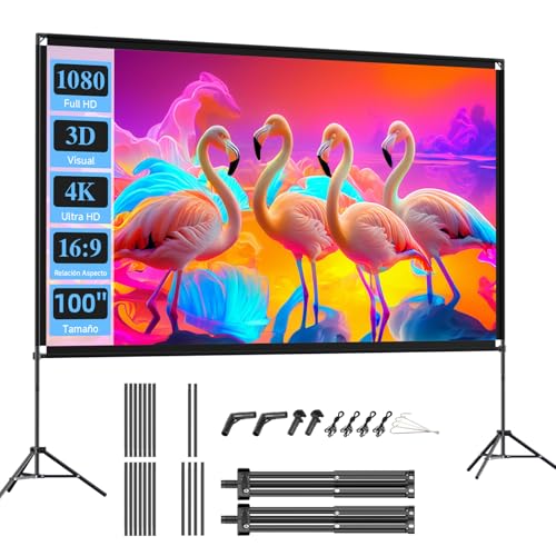 VISULAPEX Ecrã projetor de 100 polegadas, 16:9, 4 K HD ecrã para projetor portátil com tripé, ecrã dobrável para projetor para interior e exterior, cinema em casa, jardim
