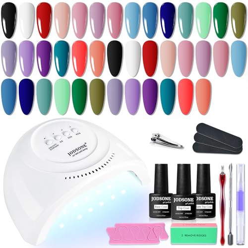 JODSONE Kit de verniz de unhas de gel de 20 cores com base de luz UV camada superior mate gel de unhas vibrante de alto brilho, equipado com ferramentas de manicure