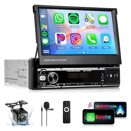 Rimoody Rádio de carro 1 DIN sem fios Carplay Android Auto com ecrã tátil HD de 7 polegadas ecrã retrátil com Bluetooth GPS Navi Mirror Link FM/Am/RDS rádio TF/USB/AUX câmara traseira