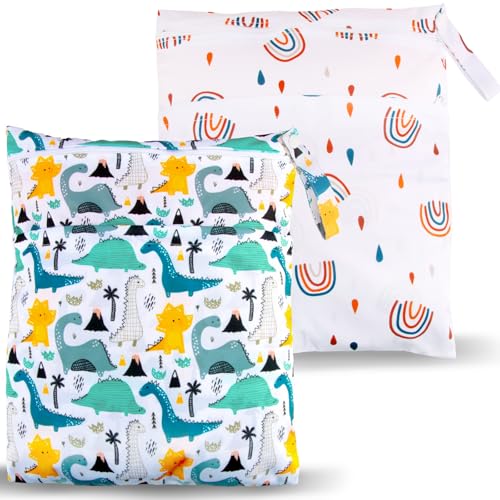 shallyong Saco de fraldas para bebé, 3 peças saco impermeável, Wet Bag fraldas, saco de fraldas, reutilizável lavável organizador, para viagens praia piscina ginásio, Dinossauro arco-íris 2, Bolsa de