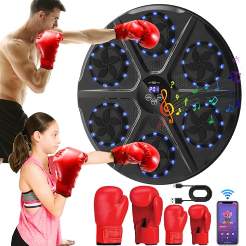 Wenosda Máquina de boxe musical inteligente, disco de boxe montado na parede, com luvas de boxe para adultos e crianças, suporte Bluetooth, 9 funções, 18 velocidades, modos de contagem