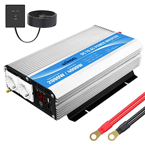 GIANDEL Inversor de corrente 2000 W onda modificada compatível com LiFePO4 conversor 12 V 220 V 230 V com controlo remoto e ecrã LED e 2 AC tomadas para carro auto-caravana camião