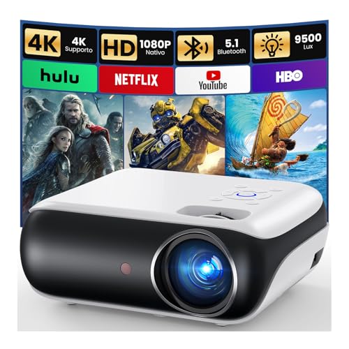 Mini projetor 4K, HAPPRUN 2025 Upgraded Projetor portátil 1080P nativo Bluetooth 5.1 para exteriores, compatível com TV Stick, smartphone, portátil, HDMI, USB