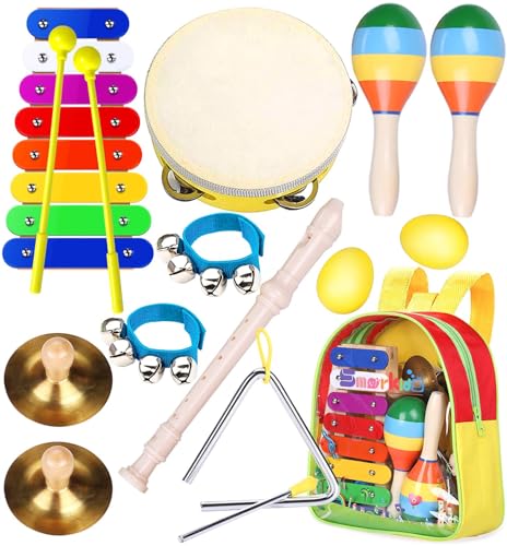 Smarkids brinquedos musicais para crianças, instrumentos musicais infantis brinquedos de instrumentos de percussão educativos pandeiro xilofone maracas com mochila presentes para bebés meninos meninas