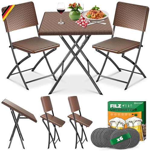 KESSER® Conjunto de móveis de varanda de 3 peças com 2 cadeiras, resistente às intempéries e aos raios UV, conjunto de assentos dobráveis, aço revestido e aparência de vime, conjunto de móveis de