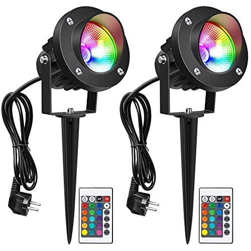 LEDMO 2 peças holofote projetor exterior 20 W RGB, lâmpada de relvado RGB com espinho impermeável IP65 holofotes de jardim com espeto para jardim ao ar livre relvado pátio decoração