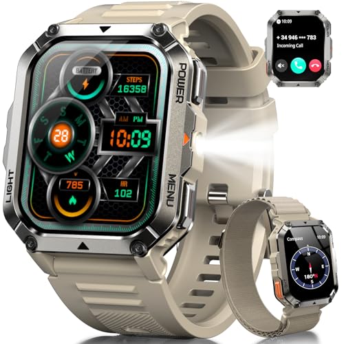 IOWODO Relógio inteligente para homem, Smartwatch de 2,01" com chamadas, bateria de 20 dias, lanterna LED, bússola, 123 modos de desporto, monitor cardíaco 24 h/SpO2/stress/sono, IP68, 2 correias