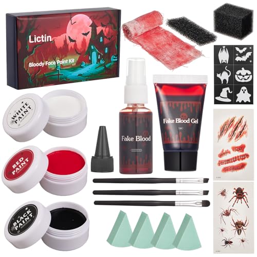 Lictin Maquilhagem SFX, pintura de Halloween facial corporal, spray falso sangue e gel - preto vermelho e branco, rosto pintura corporal com zombie vampiro esqueleto Halloween disfarce de palhaço