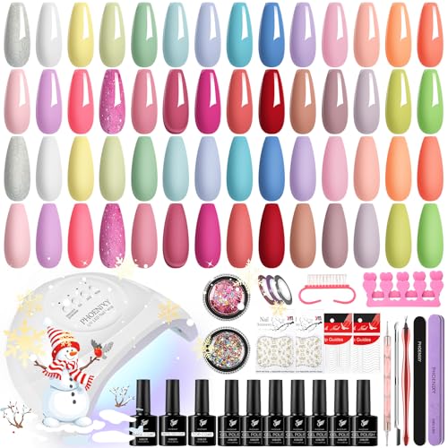 Kit unhas semipermanentes com lâmpada de 48 W UV/LED, Phoenixy 28 cores conjunto manicure semipermanente com base superior e mate coat, kit de unhas semipermanentes DIY em casa