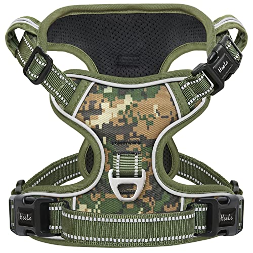 HEELE Arnês cão, arnês antipuxões refletor para cães grande camuflagem ajustável arnês antipuxões com alça acolchoada arnês cão de libertação no pescoço, amo verde, XL