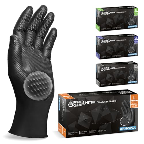 PROGRIP Luvas descartáveis pretas, luvas de trabalho e jardinagem em L, luvas descartáveis extra resistentes, 2 vezes mais grossas, luvas descartáveis de nitrilo com estrutura de diamante para
