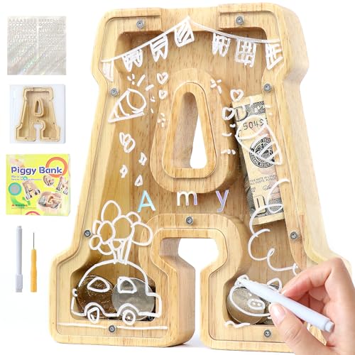 Lakpopya Cabeceiros originais para crianças mealheiro infantil menina menino de alfabeto A-Z mealheiro personalizado de madeira transparente com autocolantes e marcador e chave de fenda, presente para