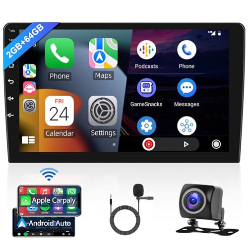Hodozzy Rádio carro 10,1 polegadas 2 GB 64 GB Carplay Wireless Android Auto, rádio Android ecrã tátil 2 DIN carro rádio GPS Bluetooth WiFi FM RDS, estéreo com câmara traseira/USB leitor carro