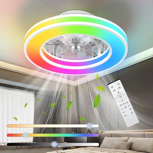 Ventoinha de teto com luz de 40,5 cm, ventiladores de teto de 20 W silenciosos, regulável 3000 K-6500K-RGB, 6 velocidades de vento com controlo remoto, temporizador, memória de luz, ventilador