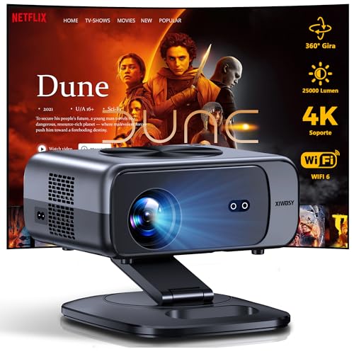 Automóvel / rotação de 360°: projetor XIWBSY 4K suporte WiFi Bluetooth 25000 Lumen Full HD 1080P, projetor portátil Android cinema em casa/viagens, aplicação integrada/porta WAN/WiFi Miroirir
