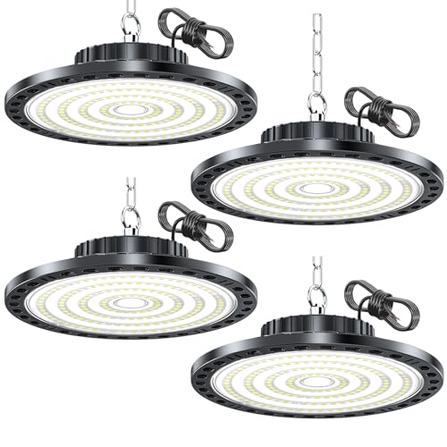 HAPYLUMI UFO LED Candeeiro de alta baía 4 unidades, 100 W 10000 LM holofotes LED interior teto 6500 K branco frio luz de garagem, IP65 impermeável industrial sino LED para garagem armazenamento