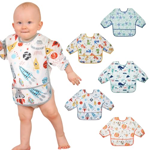 Lictin 5 Pcs Babete com mangas impermeável, babador de manga comprida com decote ajustável para crianças bebé (6-24 meses)