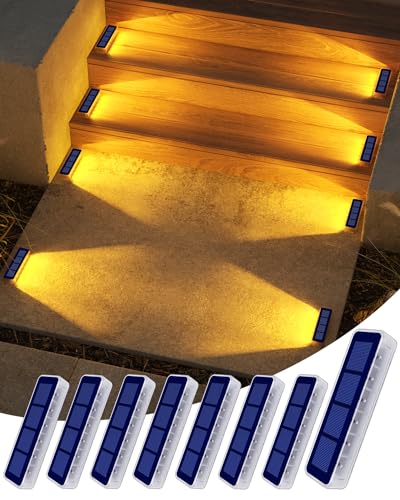 DetarZinLED Luzes solares LED para exterior e jardim, 8 unidades luzes solares exterior escada IP68 impermeável, branco quente luz exterior solar para escadas, jardim, pátios, terraço, cerca, deeck,