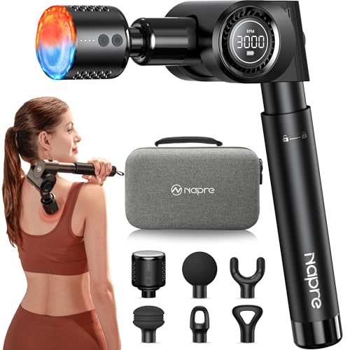 Massage Gun with Heat and Cold Head, Deep Tissue Percussion Back Massager for Muscle/Neck/Body Pain Relief with Long Extensão retrátil Handle, 32 Speeds, Foldável, 5 Anjos ajustáveis