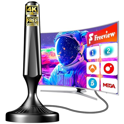 Antena de TV interior 2025, receção de 360° em alta definição, compatível com Smart TV, TDT (DVB-T/DVB-T2), base magnética forte, sinal estável até 480 km