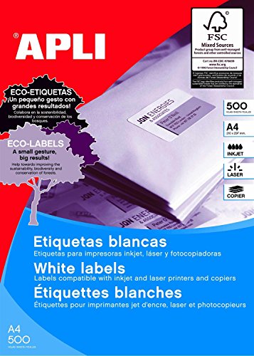 Apli 1788 - Etiquetas permanentes adesivas para impressão, Inkjet-Laser-Copy, tamanho etiqueta 210 x 297 mm, cantos retos, pack de 500 folhas A4 (500 etiquetas), ideal para envelopes e embalagens