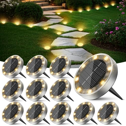 Peasur 12 Pacotes luzes solares LED para exteriores, jardim, chão, 8 LED luz solar exterior e jardim, IP65 luzes solares impermeáveis para pátio, caminho, relva, branco quente