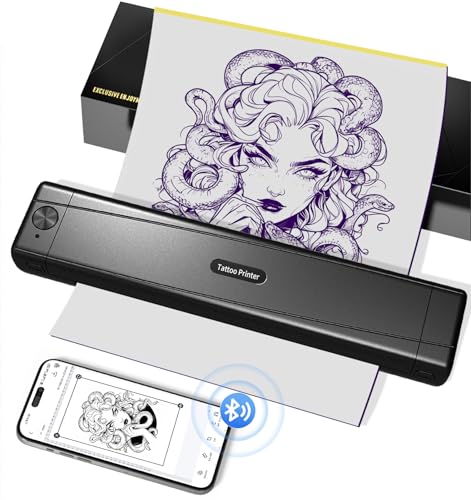 TATTMUSE Termocopiadora Tattoo, impressora de tatuagem com 10 unidades de papel, transferência de tatuagem para iniciantes e artistas de tatuagem, impressora térmica tatuagem compatível com Smartphone